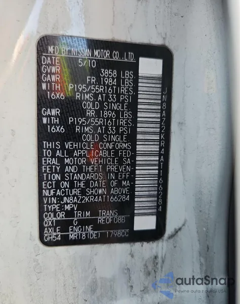 2010 Nissan Cube Base z USA, uszkodzony, nr VIN JN8AZ2KR4AT166284